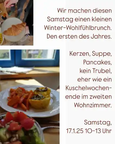 LME: LastMinuteEinladung! Wir haben noch Plätze für unseren kleinen feinen Winter-Wohlfühlbrunch. Mit dabei sind unsere Klassiker. Selbstgemachte Aufstriche, Granola und Desserts, Herzhafte Gemüse und Teigteilchen, Pancakes und natürlich unsere begehrten veganen Croissants. Und! Wer sich noch bis Freitag bei uns anmeldet, vor Ort, hier oder über eventfrog #linkinbio bekommt noch einen Punsch oder Glühwein dazu. Wir freuen uns auf euch! #ernas_veranstaltungen #ernas_mittagstisch #bio #vegan #mitliebehandgemacht♥️