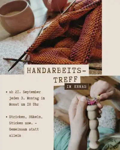 #ernas_veranstaltungen Ab Montag bei uns. Für ein bisschen Pause von da draußen. Stricken, Häkeln, Sticken. Gemeinsam statt allein. Mit Lisa und Rike von @weltglueck.magdeburg